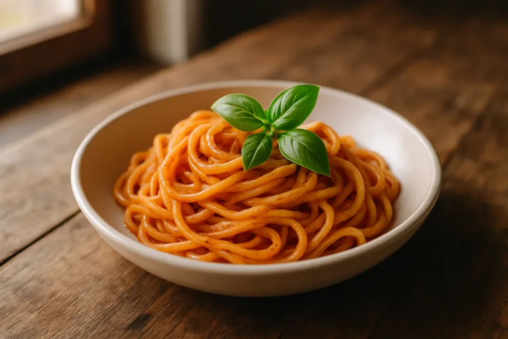 Smartphone food photography of a pasta dish shot in natural light at a 45-degree angle