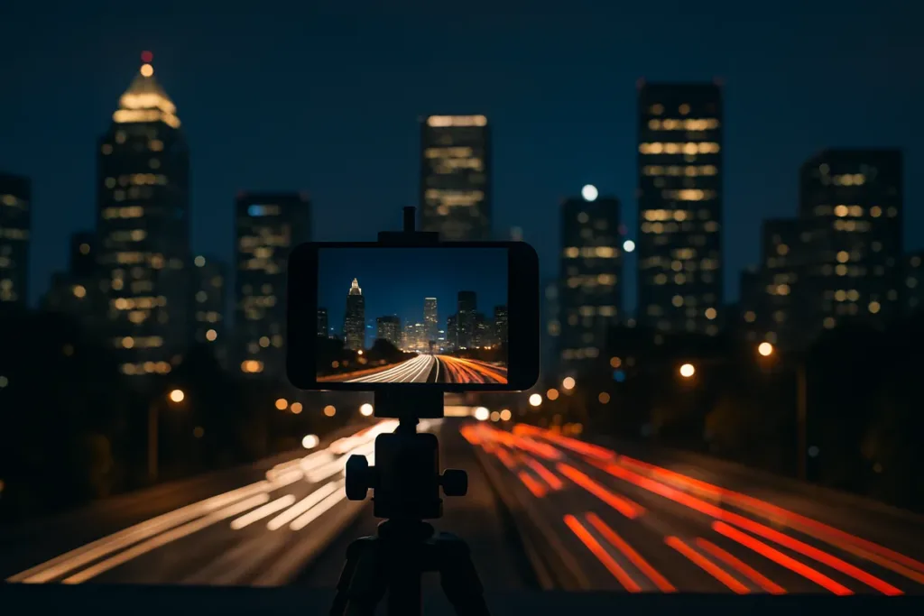 Smartphone on a tripod capturing smartphone night photography of a city skyline