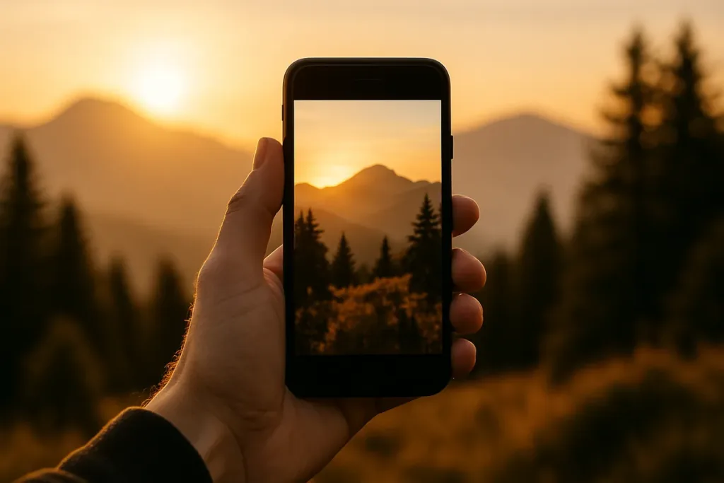 Hand holding a smartphone capturing a golden hour landscape during smartphone photography