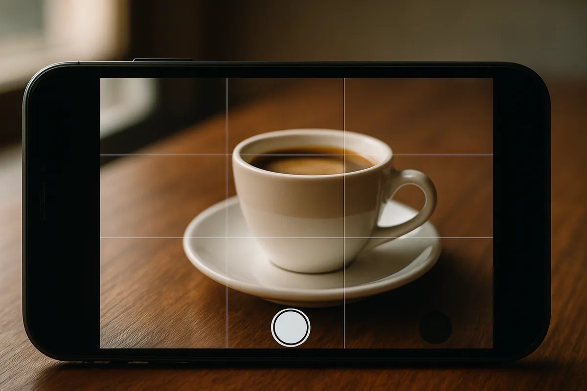 Smartphone photography grid lines used to compose a coffee cup shot with natural light