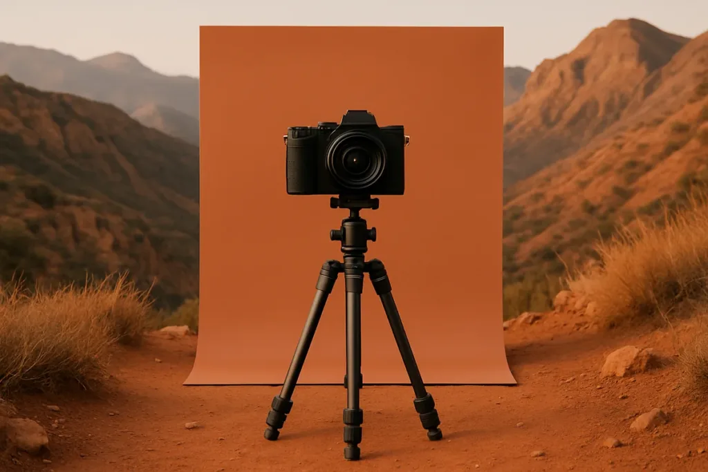 Camera on tripod set up on a mountain trail for sunset photography