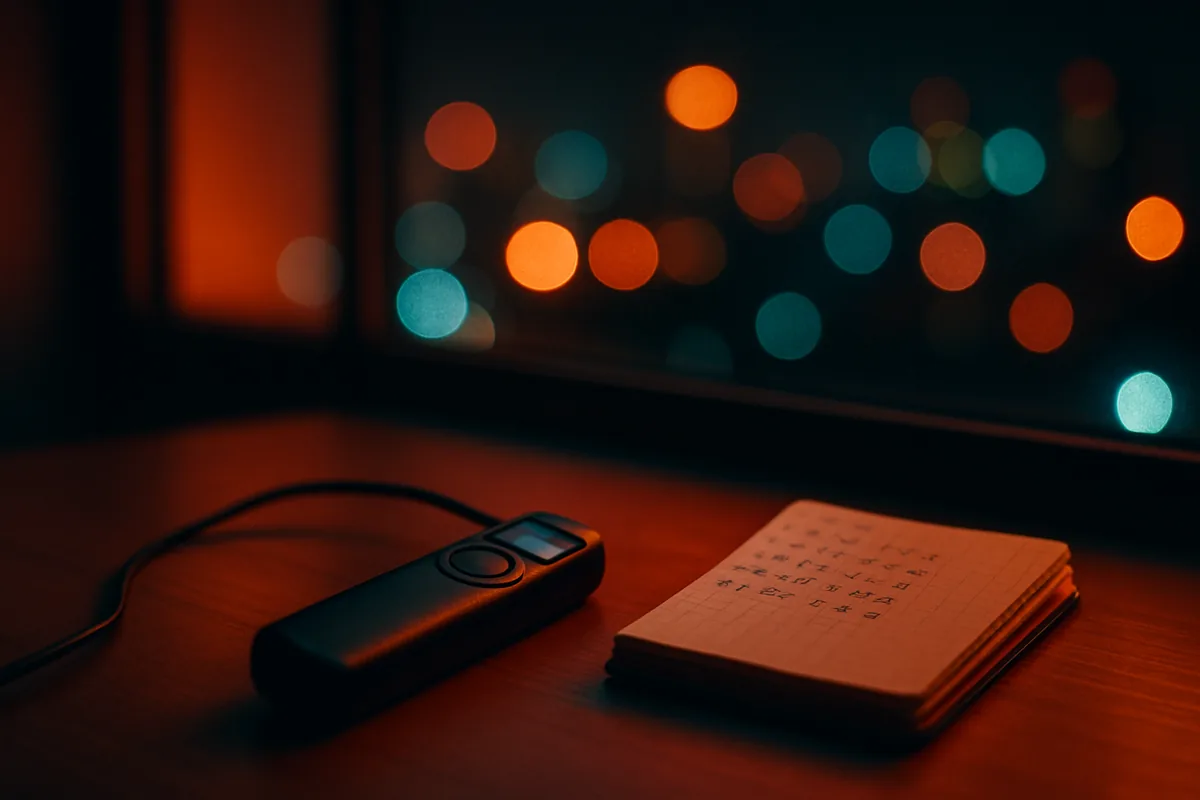 Sunset Travel Photography: Camera Settings and Tips Notebook with exposure notes for sunset photography beside a camera remote on a desk