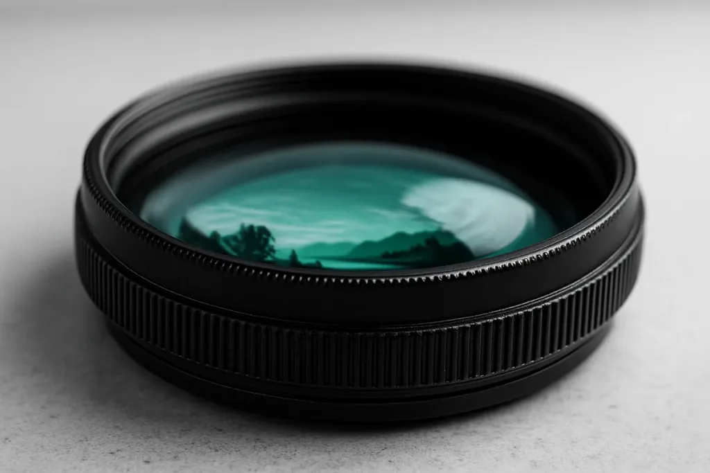 Macro close-up of a camera lens reflecting a landscape, representing travel landscape photography gear