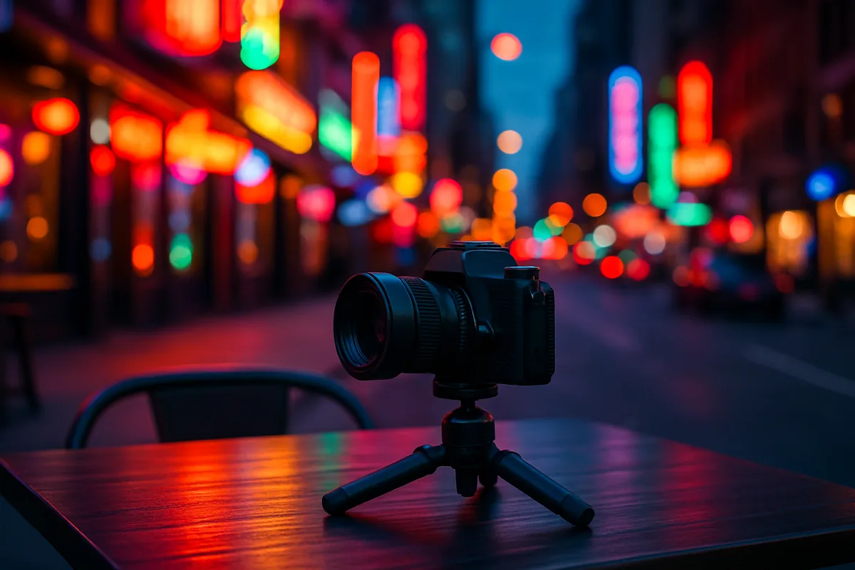 Travel Landscape Photography: Tips for Better Outdoor Photos Travel landscape photography tripod setup resting on a table in a vibrant urban street at dusk
