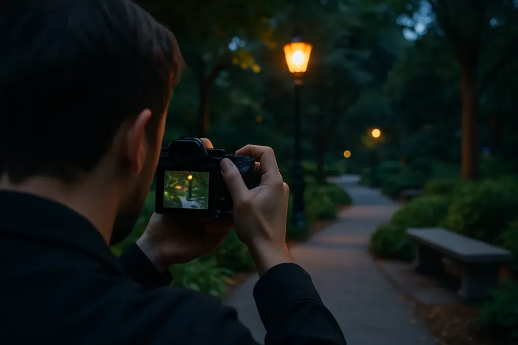 Person practicing travel photography for beginners in a park at dusk