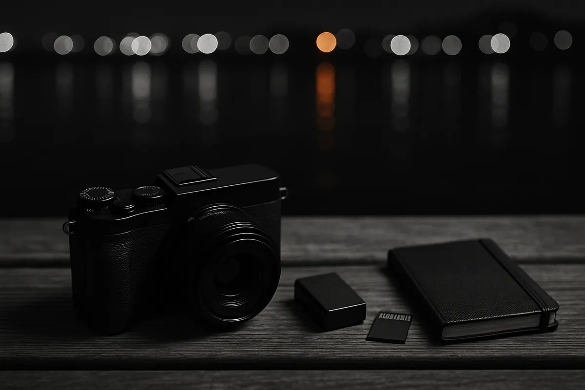 Flat lay of essential gear for travel photography for beginners at night by the water