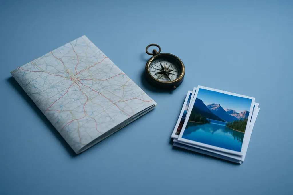 Travel photography mistakes concept shown through a map, compass, and printed photos on a minimal table