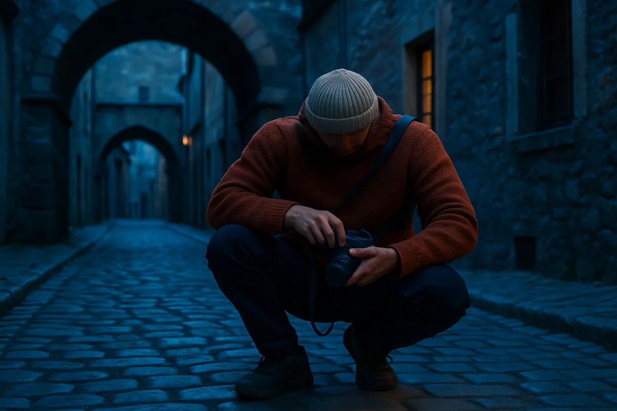 10 Common Travel Photography Mistakes to Avoid Photographer avoiding travel photography mistakes by crouching low for a better angle in an old town street
