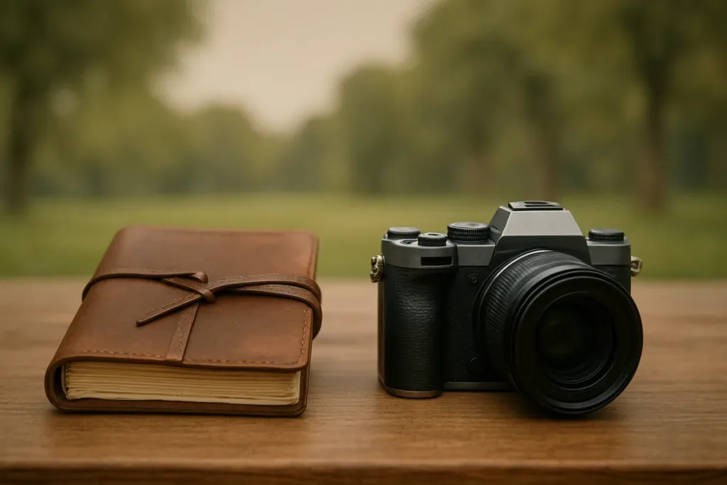 Camera and journal on a table representing travel photography storytelling planning