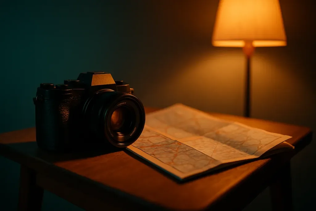 Mirrorless camera and map on a table illustrating travel photography tips for planning a trip