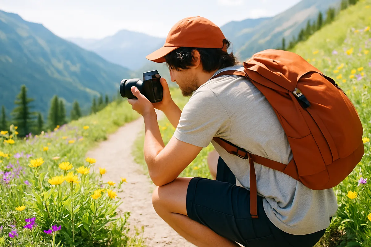 Photographer applying travel photography tips while crouching to shoot flowers on a mountain trail