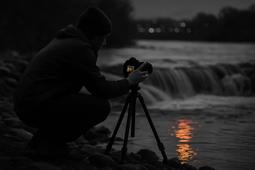 Photographer practicing water photography at dusk beside a small waterfall with city lights in the distance