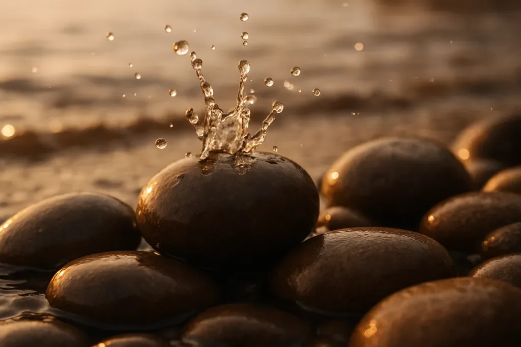 Macro close-up of splashing water droplets on rocks, a key detail in waterfall photography