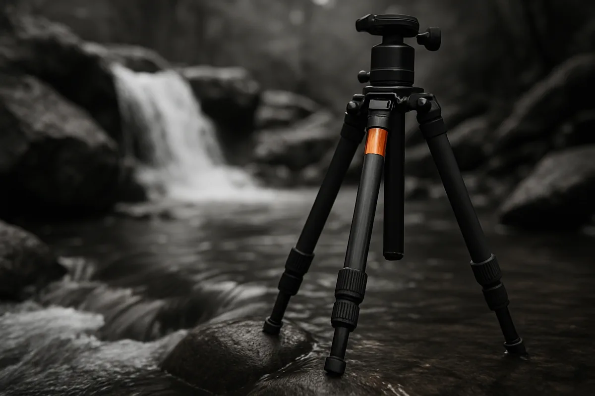 Tripod set up beside flowing water, an essential setup step in waterfall photography