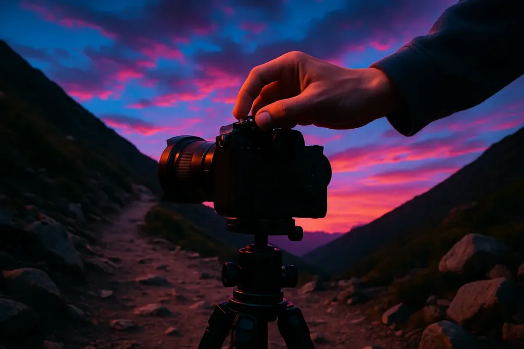 Photographer adjusting camera settings on a mountain trail while working on photography projects at dusk