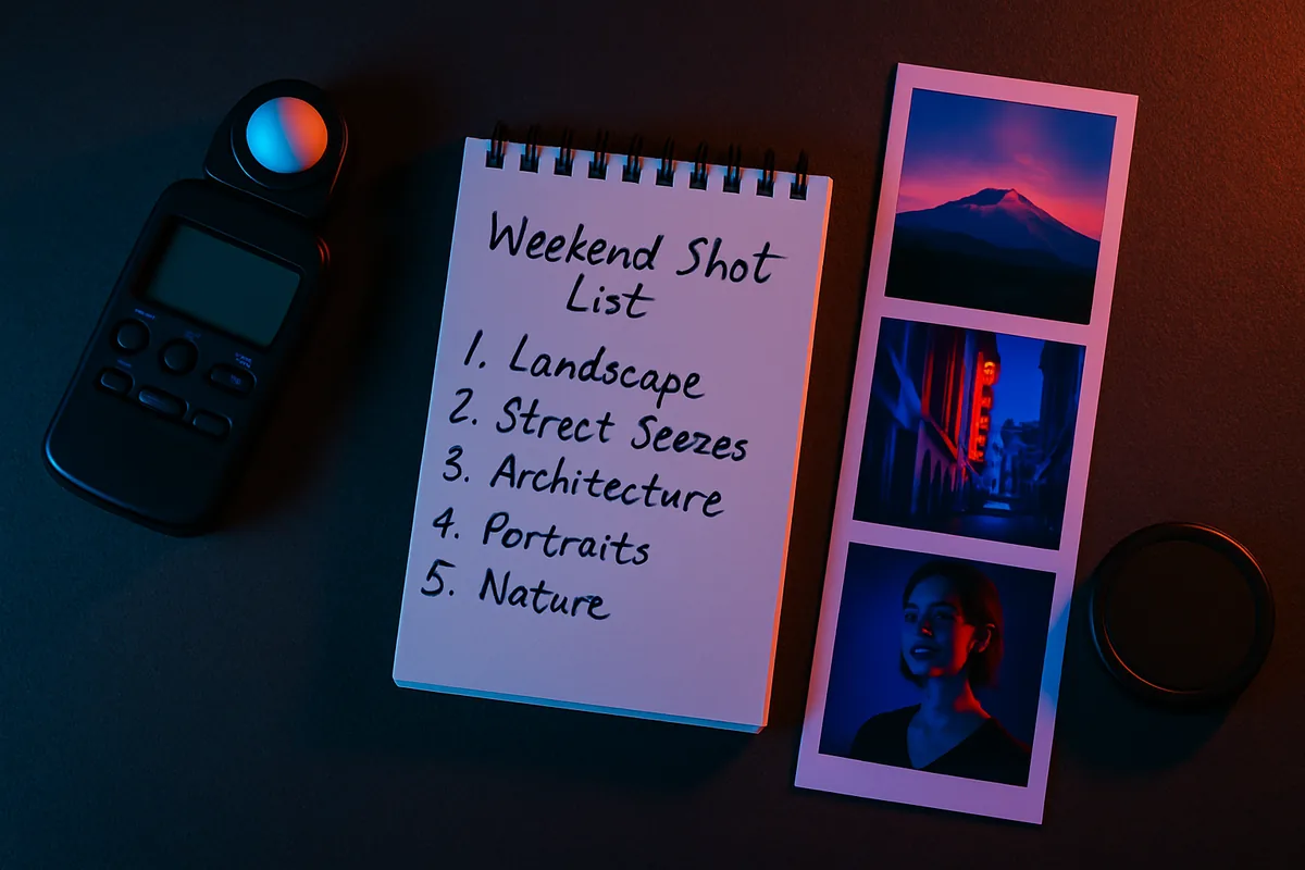 Flat lay of a handwritten shot list and camera gear used for planning weekend photography projects